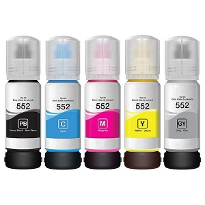 Compatible 5 Pack Epson T552  Ink Bottle Combo High Yield C/M/Y/PK/GY, for ET-8500, 8550