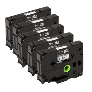 Compatible 5 pack Brother HGe-121, HGe121 High Grade 9mm Black on Clear P-touch Label Tape Length of 8m
