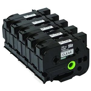 Compatible 5 pack Brother HGe1515PK, HGe-151-5PK High Grade 24mm Black on Clear P-touch Label Tape Length of 8m