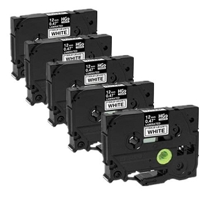 Compatible 5 pack Brother HGe2315PK, HGe-231-5PK High Grade 12mm Black on White P-touch Label Tape Length of 8m