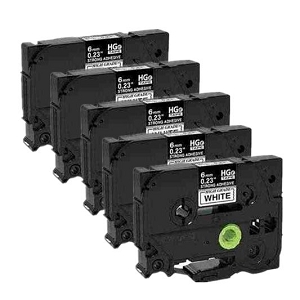 Compatible 5 pack Brother HGe-S211-5pk, HGeS2115pk High Grade 6mm Black on White P-touch Label Tape Length of 8m