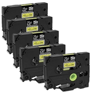Compatible 5 pack Brother HGe-S631-5pk, HGeS6315pk High Grade 12mm Black on Yellow P-touch Label Tape Length of 8m