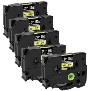 Compatible 5 pack Brother HGe-S641-5pk, HGeS6415pk High Grade 18mm Black on Yellow P-touch Label Tape Length of 8m