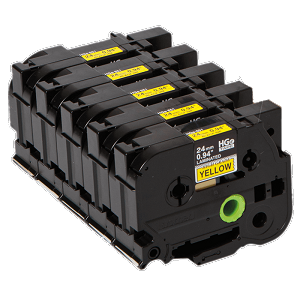 Compatible 5 pack Brother HGe6515PK, HGe-651-5PK High Grade 24mm Black on Yellow P-touch Label Tape Length of 8m