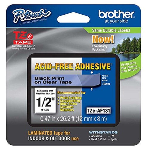 Made by Brother TZe-AF131 Acid Free Label Tape, 12mm (0.47"), Black on Clear 