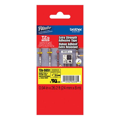 Made by Brother TZe-S651 Extra Strength Adhesive Tape, 24mm (0.94"), Black on Yellow 
