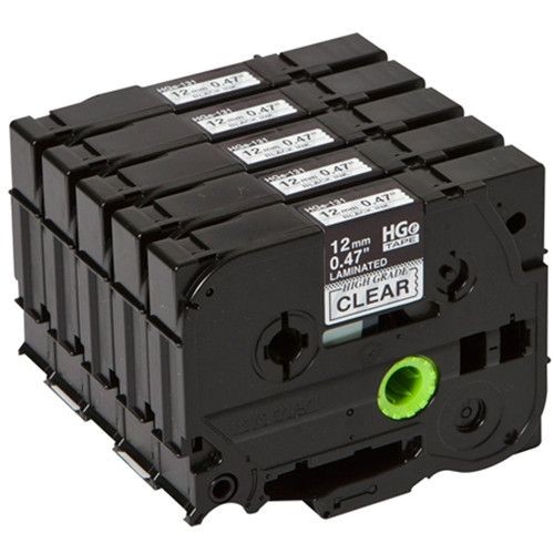 Compatible 5 pack Brother HGe1315PK, HGe-131-5PK High Grade 12mm Black on Clear P-touch Label Tape Length of 8m 