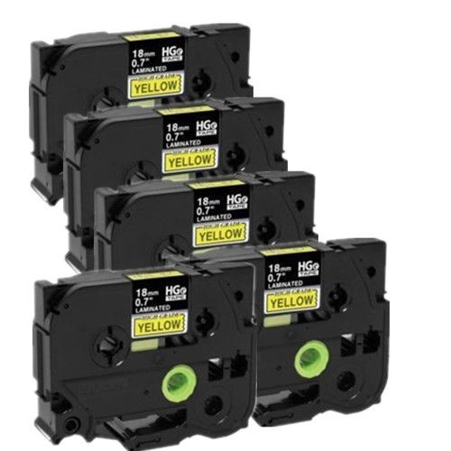 Compatible 5 pack Brother HGe6415PK, HGe-641-5PK High Grade 18mm Black on Yellow P-touch Label Tape Length of 8m 