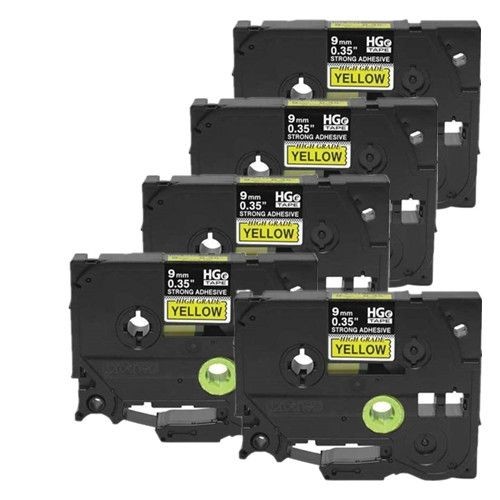 Compatible 5 pack Brother HGe-S621-5pk, HGeS6215pk High Grade 9mm Black on Yellow P-touch Label Tape Length of 8m 