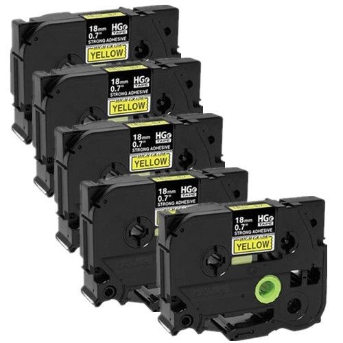 Compatible 5 pack Brother HGe-S641-5pk, HGeS6415pk High Grade 18mm Black on Yellow P-touch Label Tape Length of 8m 