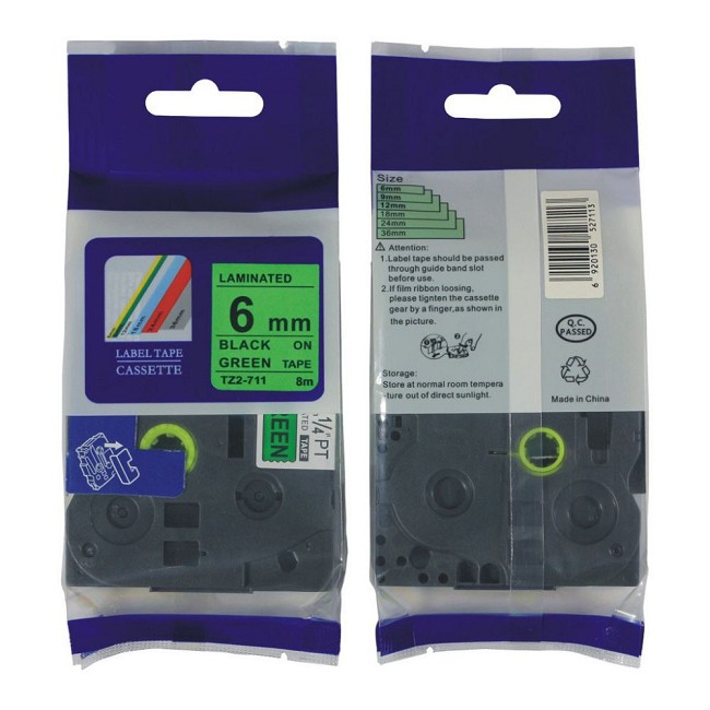 Compatible Brother TZe-711, TZe711 P-touch Label Tape, 6mm (0.25 Inch), Length of 8M,Black on Green 
