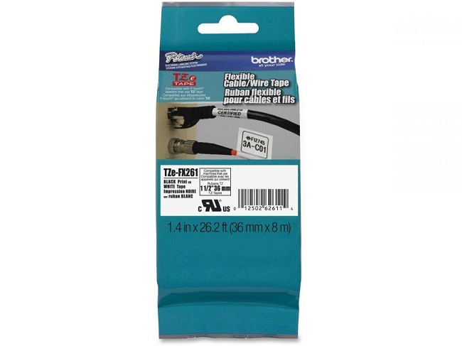 Made By Brother TZe-FX261, TZefx261 36MM ( 1.4 Inch ), Length of 8M Black on White Flexible Label Tape 